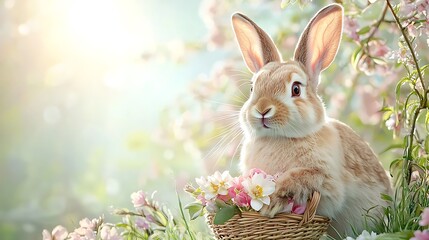 Celebrating easter enchanted garden scene with pastel eggs and bunny delight