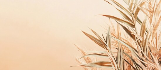 Obraz premium Tropical palm leaves on pastel peach background creating a minimalist aesthetic perfect for summer-themed mockups and floral designs.