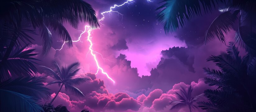 Tropical stormy sky with vibrant lightning illuminating dark clouds and palm trees creating a dramatic atmosphere for text placement.