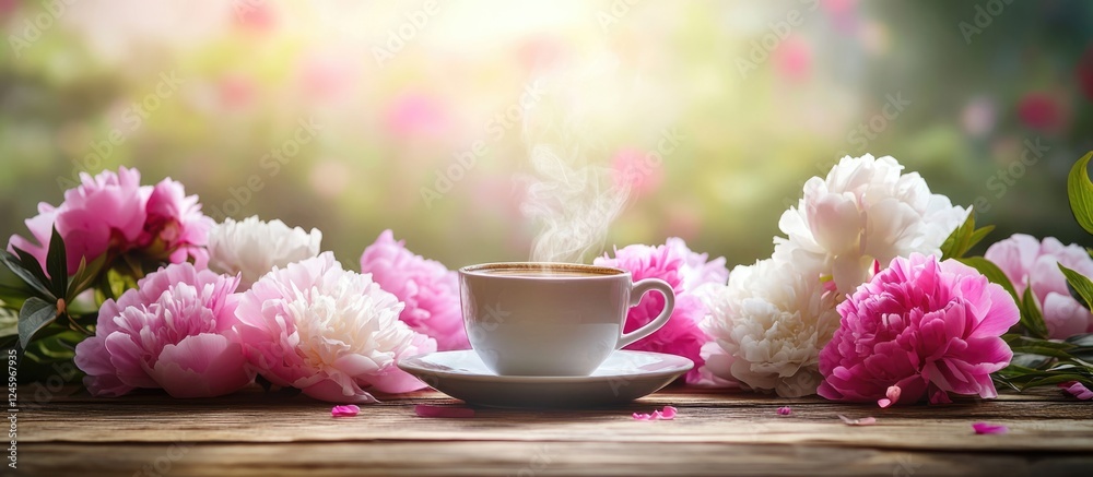 Poster coffee cup surrounded by blooming peonies on a rustic wooden table with a soft focus background of p