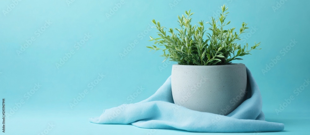 Poster concrete pot with greenery and soft cotton napkin on a serene aqua blue background creating a calmin
