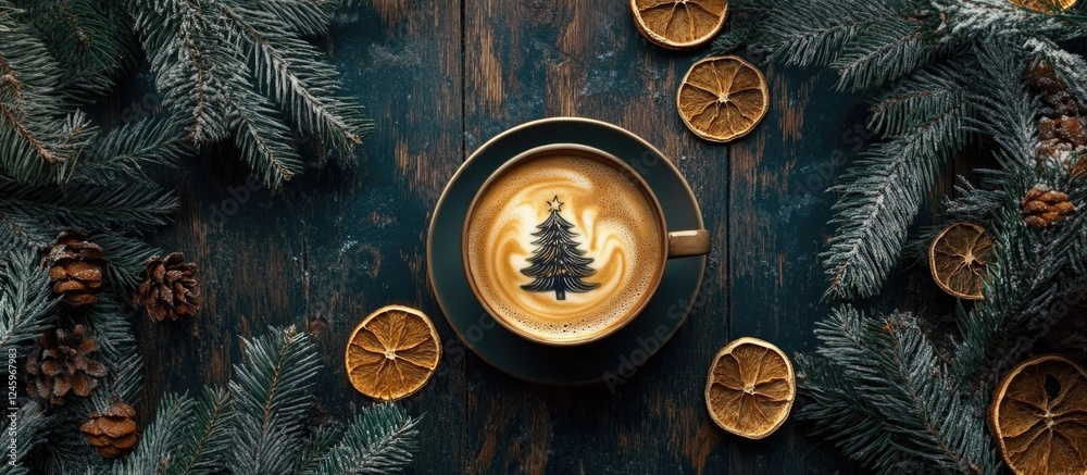 Poster Cozy Christmas Coffee with Tree Pattern Dried Oranges and Fir Branches on Dark Rustic Background from Above