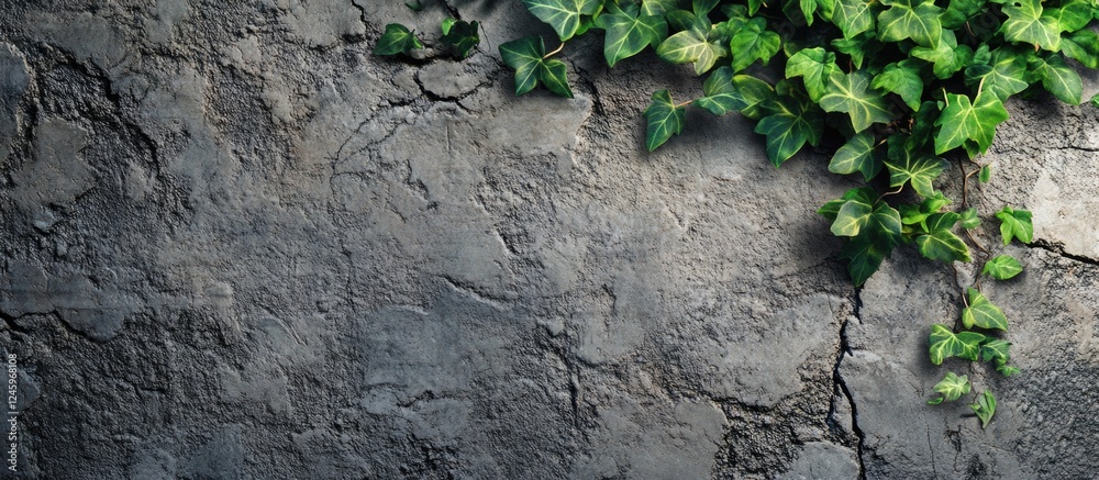 Poster concrete wall texture with green ivy leaves creating a natural contrast in an urban setting for desi