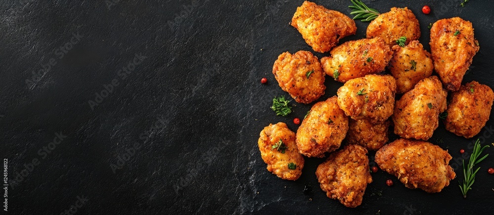 Aufkleber crispy herb-coated chicken pieces arranged on dark surface with ample copy space for branding or pro