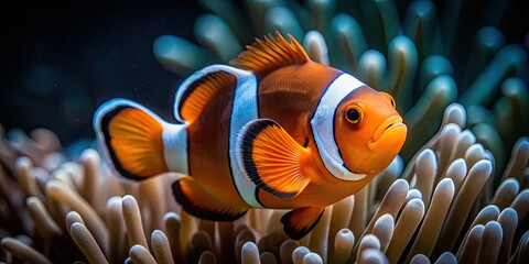 Stunning white and orange clownfish photographed in low light.
