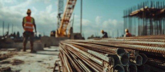 Naklejka premium Reinforced concrete construction site with steel rebar prominently displayed and workers in the background ensuring structural integrity and safety.