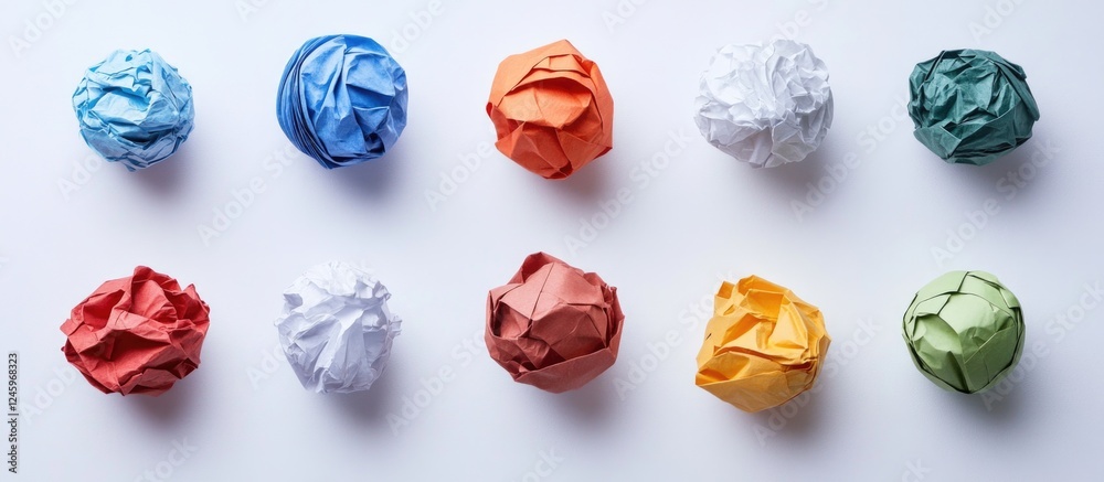 Poster colorful collection of crumpled paper balls arranged on a white background showcasing creativity and