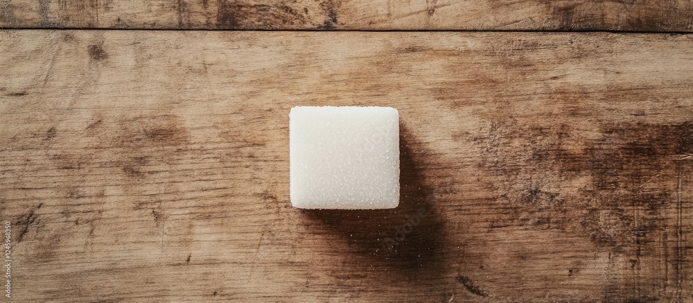 Poster top view of a single cube of white sugar on a rustic wooden surface ideal for culinary or food-relat