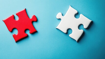 Fototapeta premium Red and white puzzle pieces on a blue background symbolizing connection with ample space for text or messaging.