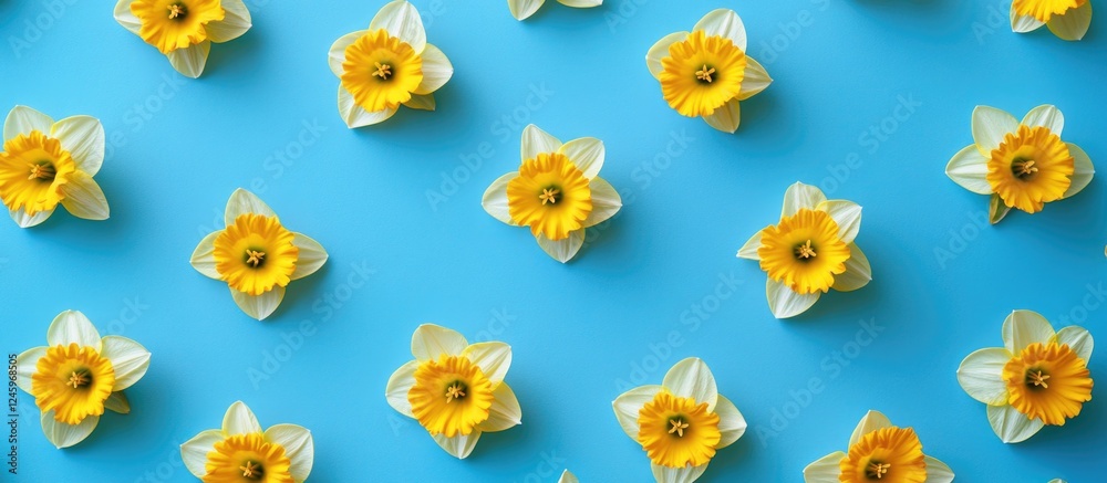 Fototapete yellow daffodils on blue background floral pattern flat lay composition with space for text top view