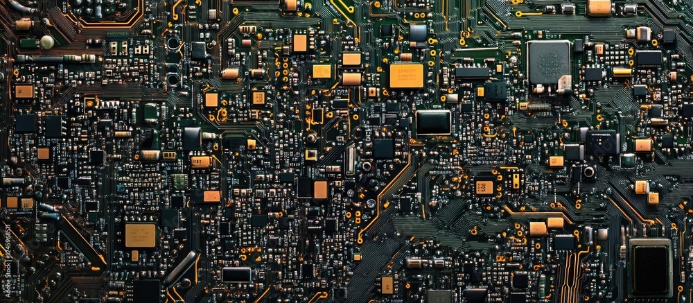 Poster Detailed close-up of a complex computer motherboard featuring intricate chips and electronic components in vibrant colors.