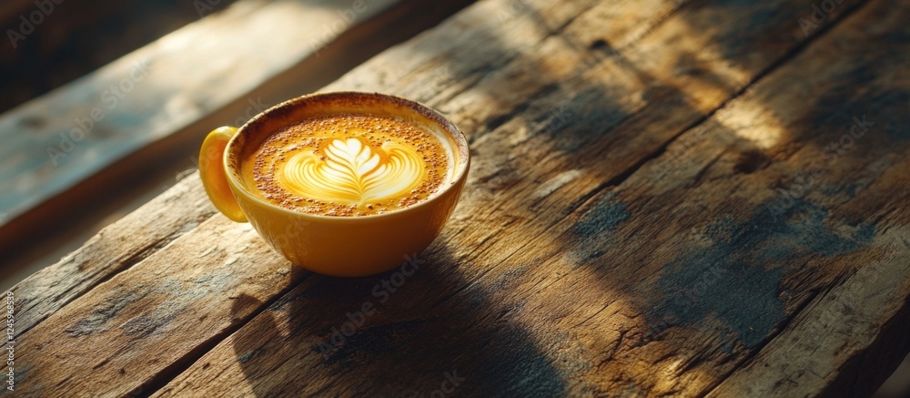 Poster coffee latte with intricate art in a vibrant yellow cup resting on a rustic wooden table illuminated