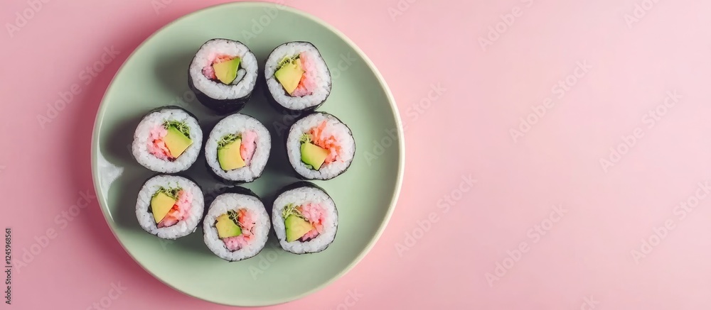 Poster vibrant vegan sushi rolls featuring avocado and sprouts on decorative plate with blank space for cus