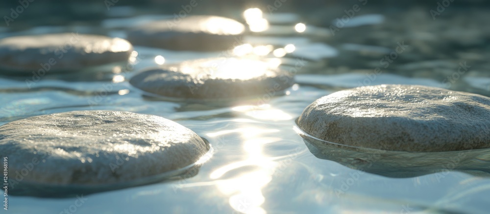 Poster Serene reflections on a crystal clear water surface with smooth stone formations beneath the shimmering light