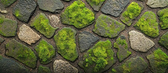 Close up of textured cobblestone street with moss detail showcasing northern Germany's unique surface patterns and natural weathering.
