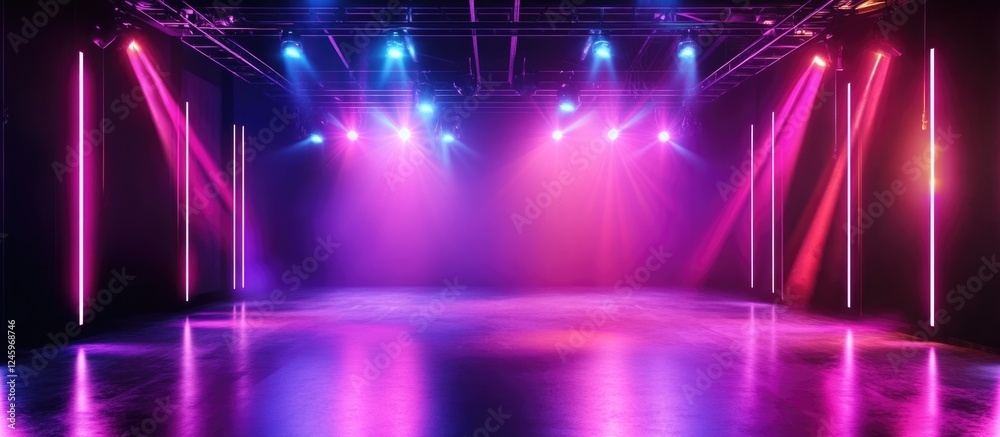 Poster futuristic neon light space with reflective floor ideal for creative content and advertisements