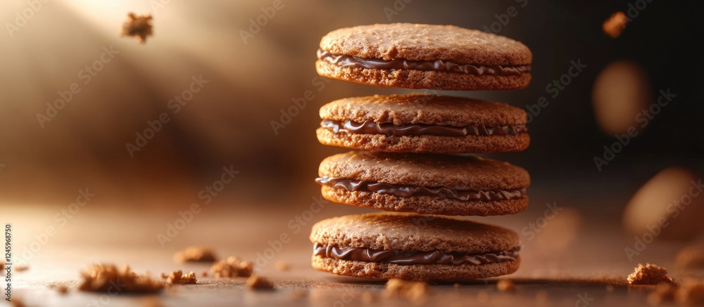 Poster delicious macro view of layered crunchy round sandwich cookies with rich chocolate cream filling on 