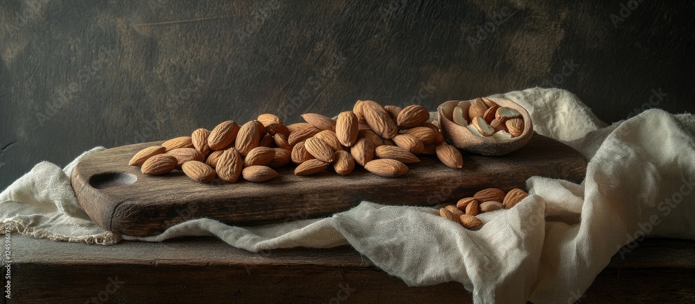 Poster almonds arranged artistically on a rustic wooden board with a textured fabric backdrop for a warm, i