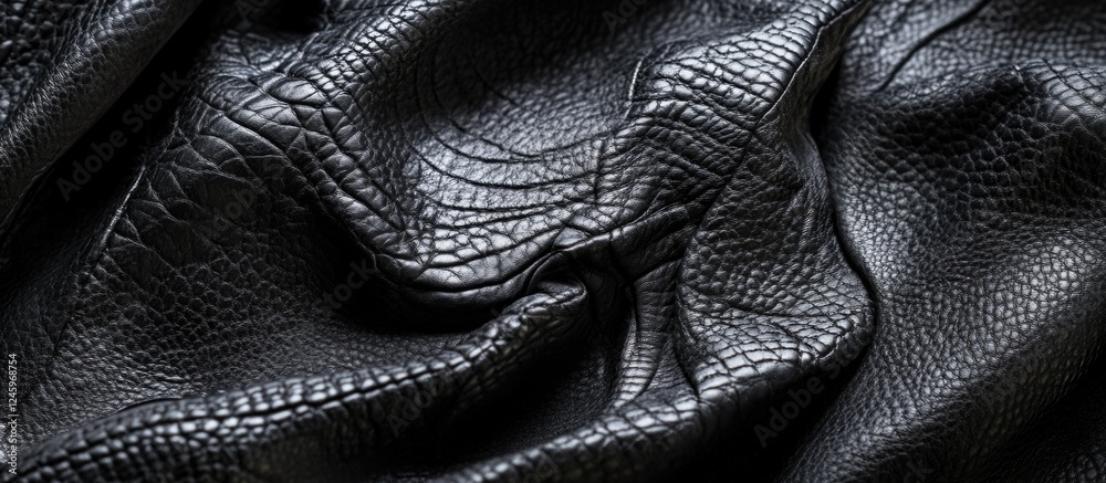 Poster textured black leather fabric with a shiny surface and intricate patterns for use in fashion and uph