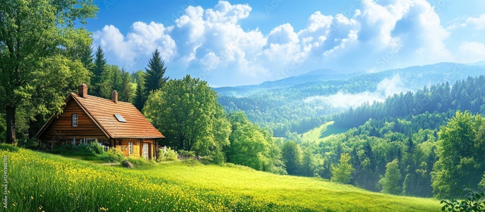 Aufkleber serene countryside house surrounded by lush forest and vibrant summer nature with clear skies and op