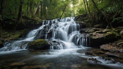 Fototapeta premium Lush Green Forest Waterfall Cascading Over Mossy Rocks