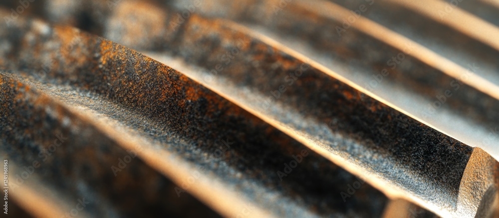 Aufkleber close-up of textured corrugated metal sheet showcasing dramatic light and shadow patterns with warm 