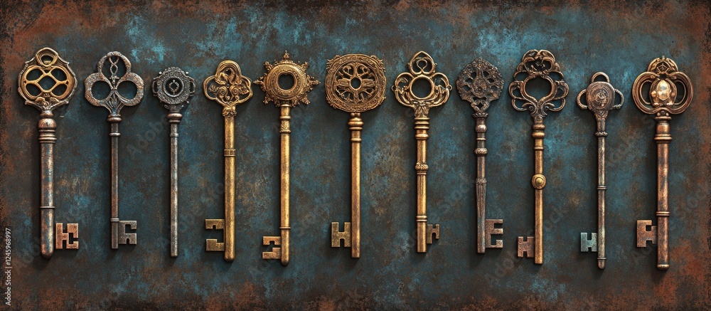 Poster Vintage keys collection arranged on a rusty grunge background showcasing intricate designs and textures for retro-style decoration.