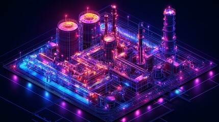 Obraz premium Aerial View Oil Gas Terminal wireframe concept. The hyper-realistic digital wireframe illustration of an aerial oil refinery