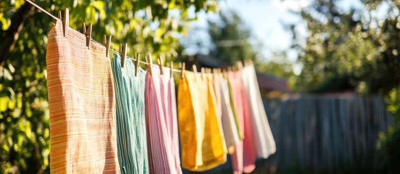 Colorful linen and clothes drying under the sun in a serene outdoor setting with trees and natural light.