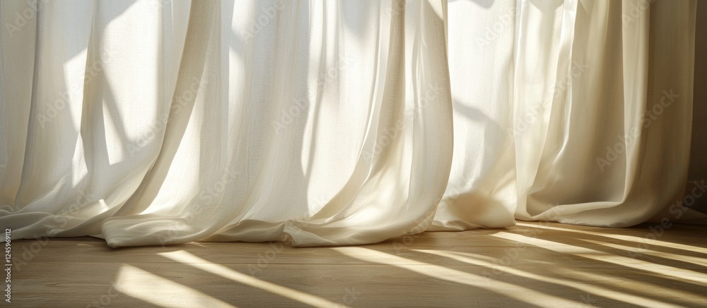 Poster soft white curtains gently flowing in sunlight, casting graceful shadows on a wooden floor, creating