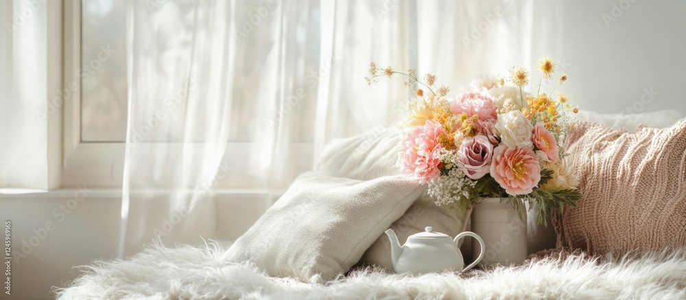 Poster cozy living room with fluffy pillows teapot and a vibrant flower bouquet creating a serene atmospher