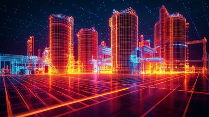 Naklejka premium Aerial View Oil Gas Terminal wireframe concept. The premium quality digital wireframe rendering of a coastal oil terminal