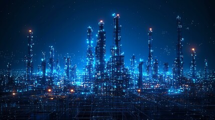 Aerial View Oil Gas Terminal wireframe concept. The hyper-realistic digital wireframe illustration of an aerial oil refinery
