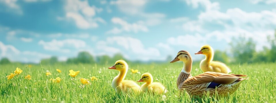 Duck family with ducklings in green meadow under blue sky with fluffy clouds ideal for nature themes and text overlays - Powered by Adobe