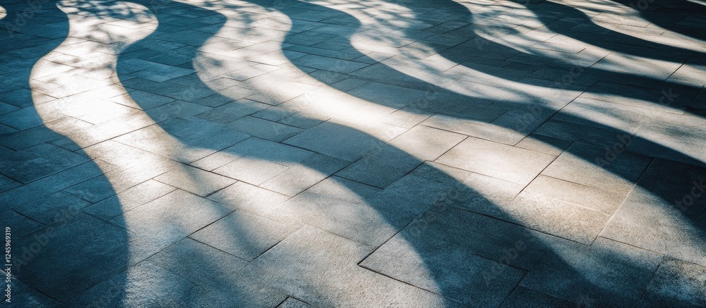 Fototapete Curved light and shadow patterns on textured cement floor creating a dynamic visual effect in urban architecture scene