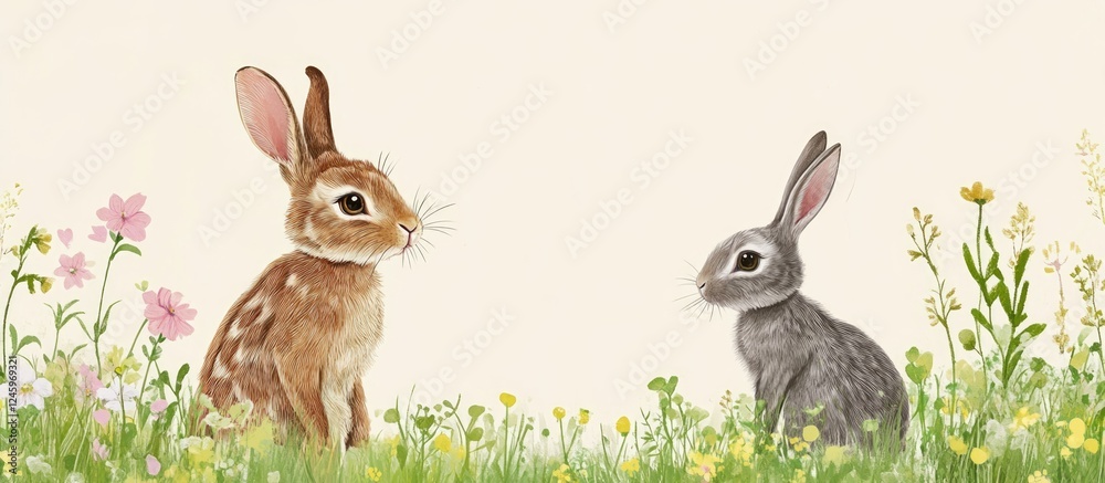 Poster Charming Easter greeting card design showcasing a hare and rabbit amidst floral elements with customizable text space