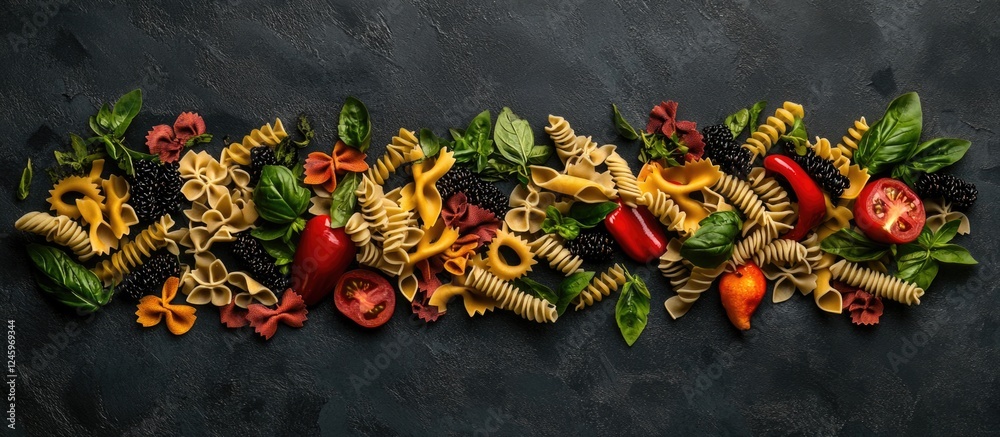 Poster pasta varieties with herbs and peppers arranged on a dark gray surface showcasing vibrant colors and