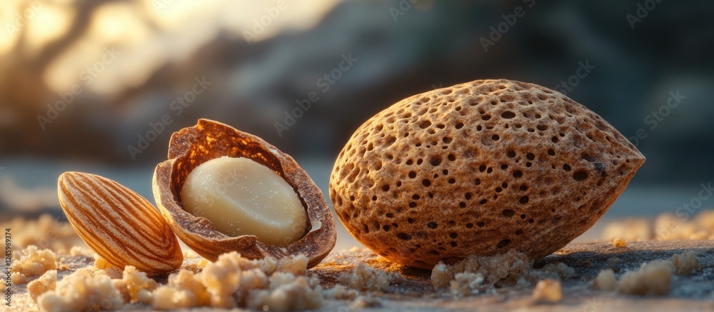 Poster cracked almond beside whole almond in shell with almond cracker showcasing natural textures and colo