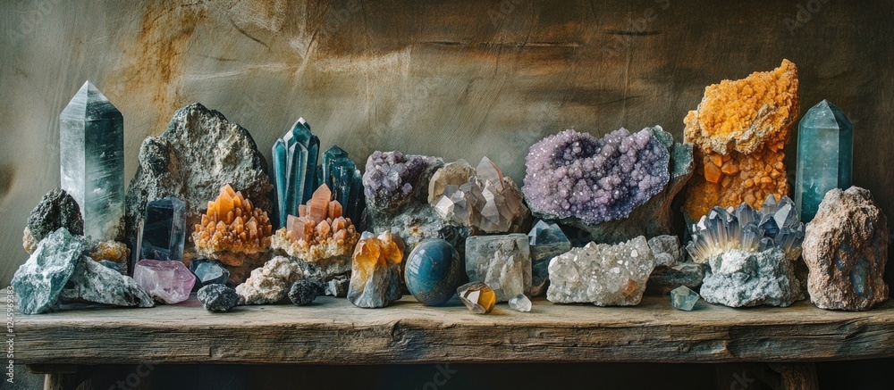 Poster Diverse collection of colorful minerals and stones displayed on rustic wooden table creating a natural and earthy aesthetic for decor.