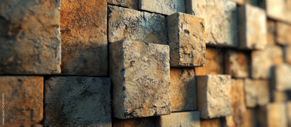 Poster Textured close-up of weathered concrete blocks arranged in a rustic wall pattern showcasing earthy tones and unique surface details