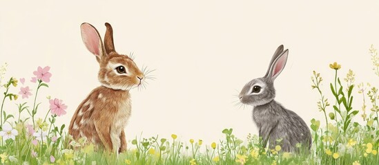 Obraz premium Charming Easter greeting card design showcasing a hare and rabbit amidst floral elements with customizable text space