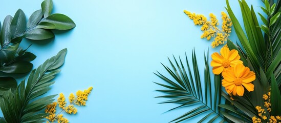 Summer flowers and green leaves flat lay on pastel blue background with copy space for text concept of beauty nature and tranquility