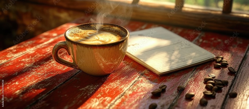 Poster steaming cup of coffee beside an open notebook on a rustic red wooden table with scattered coffee be