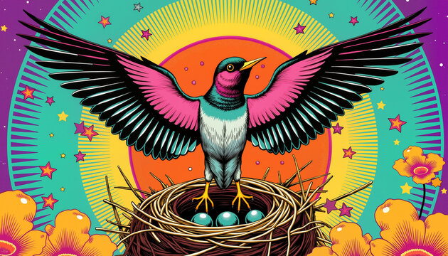 Colorful psychedelic bird illustration with nest