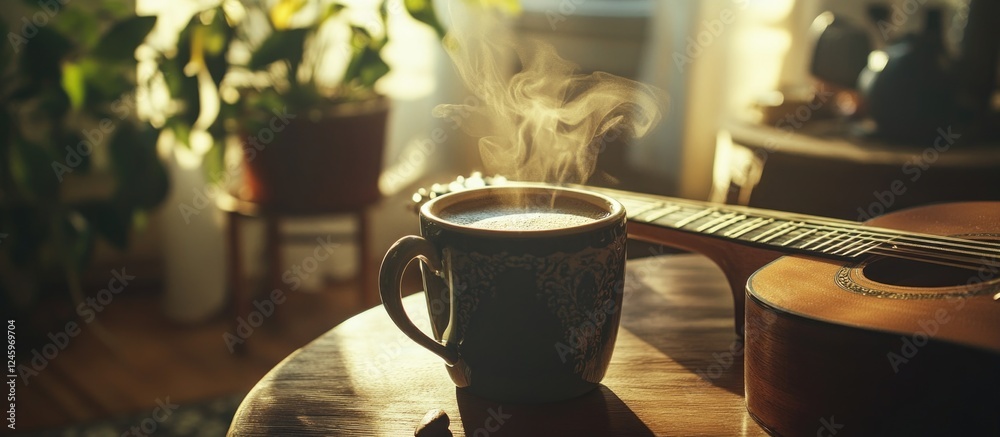 Aufkleber cup of coffee beside acoustic guitar in warm sunlight creating a cozy and inviting atmosphere in a h
