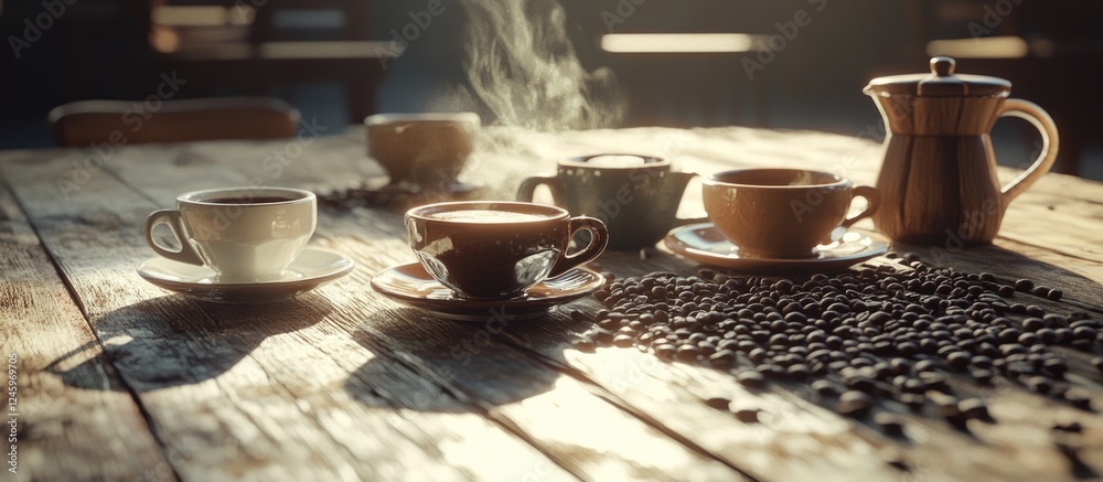 Poster warm coffee composition with steaming cups and scattered beans on rustic wooden table reflecting mor