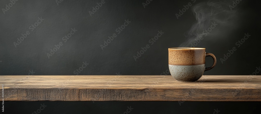 Poster cup of steaming tea in a rustic ceramic mug on a wooden table against a dark background showcasing a