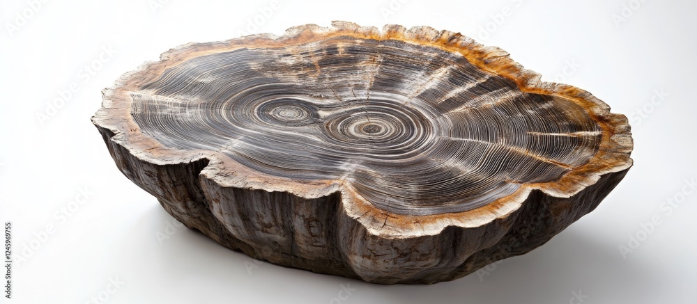 Poster elegant cross-section of a petrified wood slice showcasing intricate patterns on a clean white backg