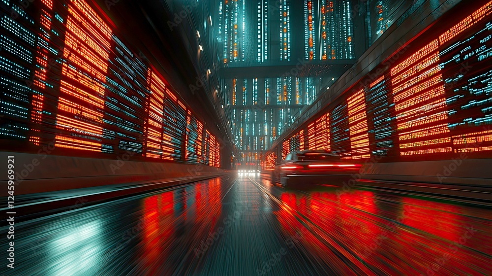 Wall mural Cyberpunk Cityscape: High-Speed Drive Through Neon-Lit Digital Tunnel. Futuristic Technology and Urban Scenery. A Thrilling Journey into the Digital Age.