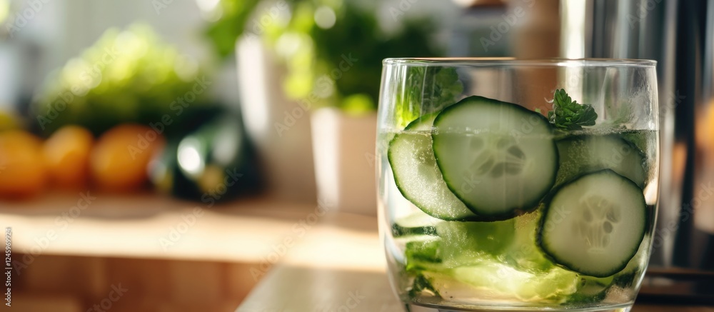 Poster refreshing cucumber slices infused in a glass with mint in a bright kitchen setting with fresh fruit